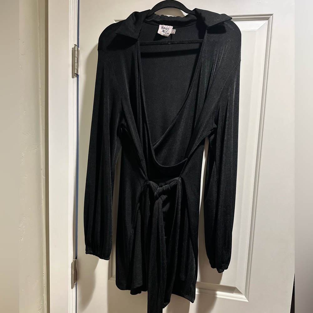 Princess Polly black wrap dress with collar and bell sleeves ✨